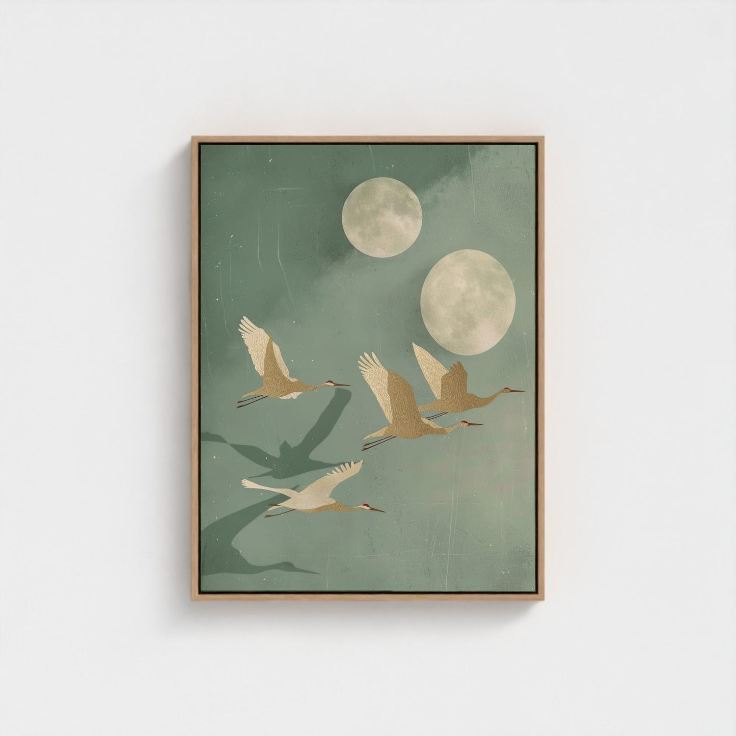 Flying Cranes Moon Framed Wall Art Canvas Print - Japandi Sage Artwork