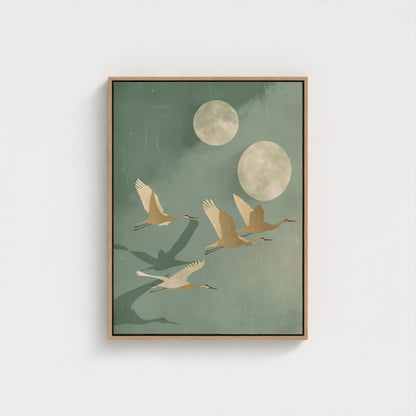Flying Cranes Moon Framed Wall Art Canvas Print - Japandi Sage Artwork