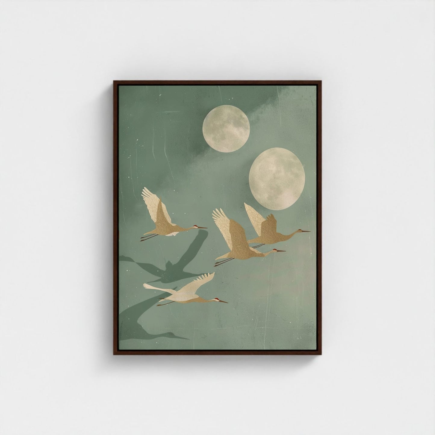 Flying Cranes Moon Framed Wall Art Canvas Print - Japandi Sage Artwork