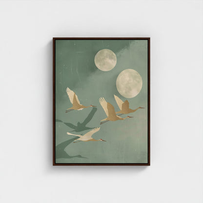Flying Cranes Moon Framed Wall Art Canvas Print - Japandi Sage Artwork