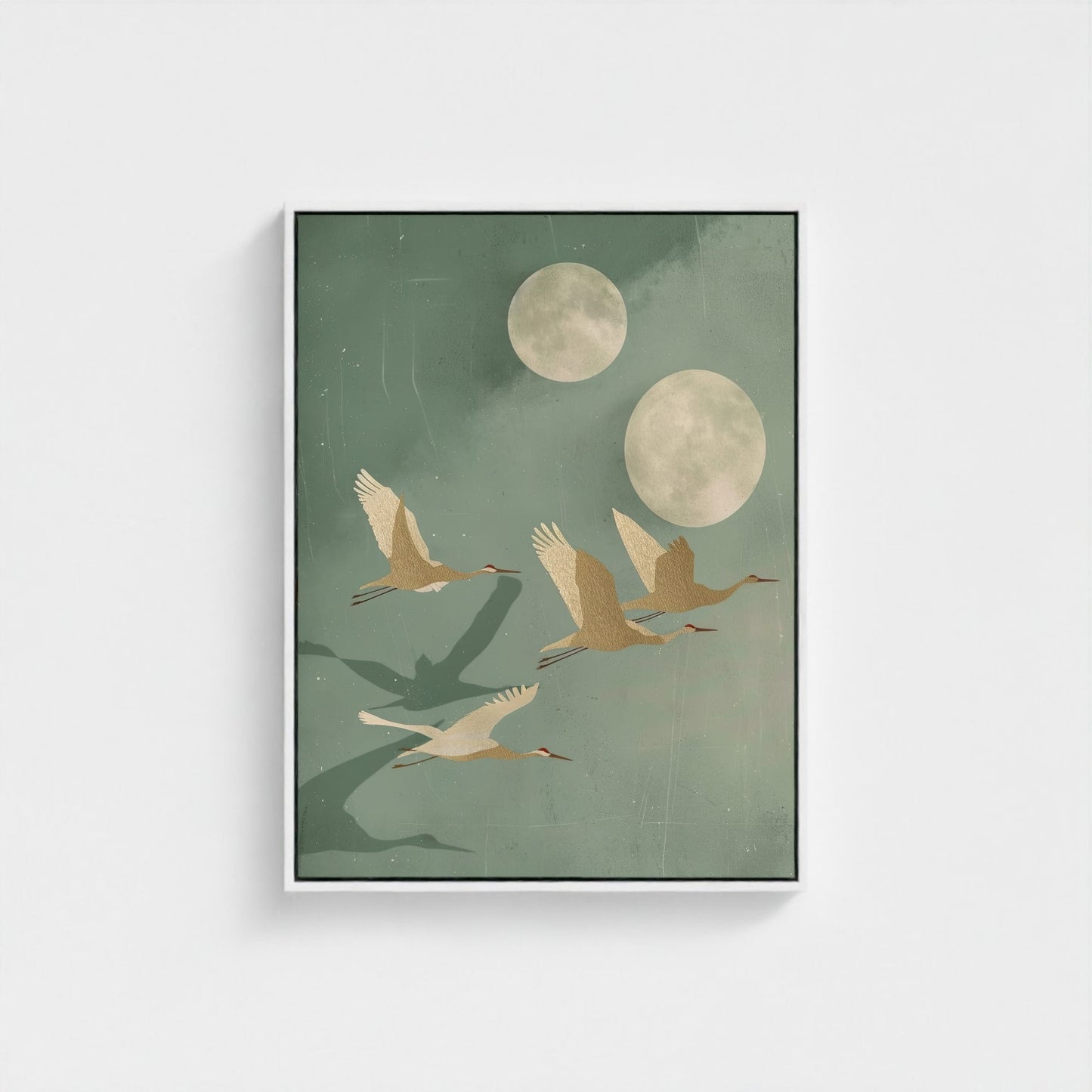 Flying Cranes Moon Framed Wall Art Canvas Print - Japandi Sage Artwork