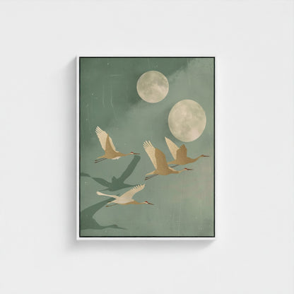 Flying Cranes Moon Framed Wall Art Canvas Print - Japandi Sage Artwork