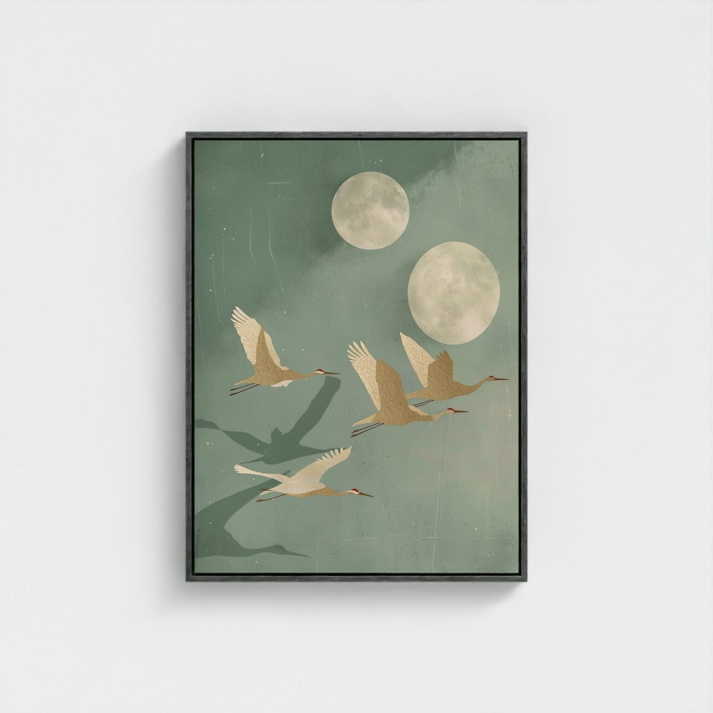 Flying Cranes Moon Framed Wall Art Canvas Print - Japandi Sage Artwork