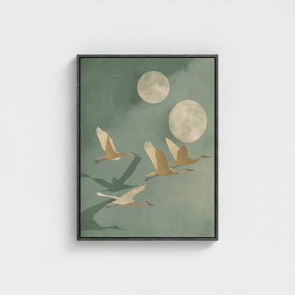 Flying Cranes Moon Framed Wall Art Canvas Print - Japandi Sage Artwork