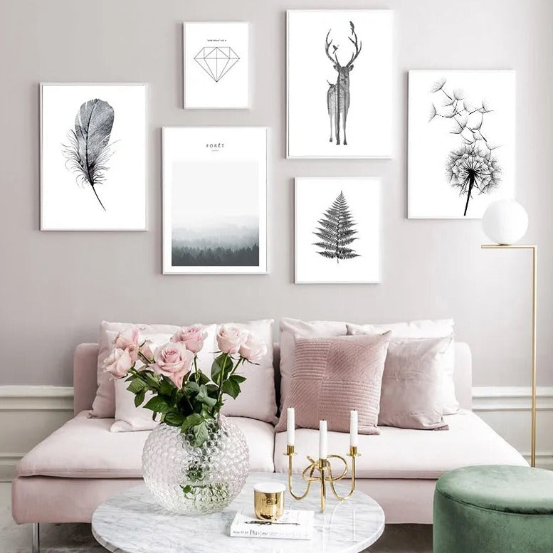 Deer Feather Dandelion Minimalist Nordic Fine Art Canvas Prints Black White Scandinavian Art For Modern Home Office Décor