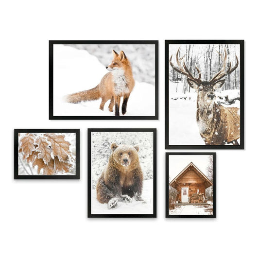 Forest Winter Landscape White Snow Nordic Wilderness Animals Wall Art Bear Fox Deer Canvas Prints Gallery Wall Art Set Of 4 Posters For Modern Living Room Home Decor