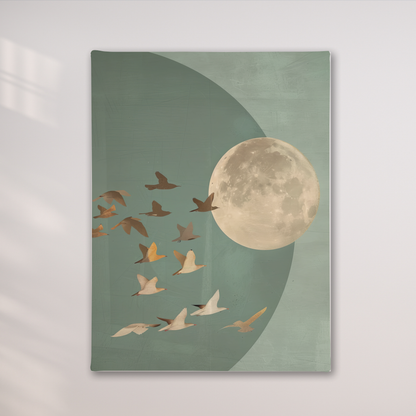 Golden Moon & Celestial Birds Canvas Wall Art – Sage Green