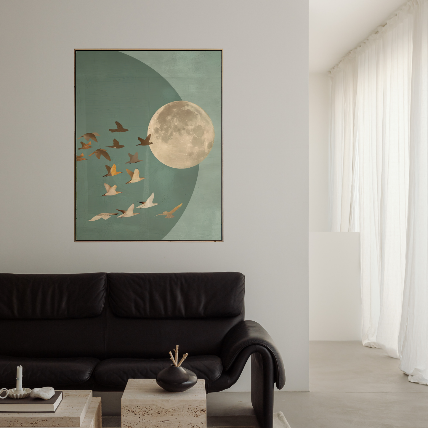 Golden Moon & Celestial Birds Canvas Wall Art – Sage Green