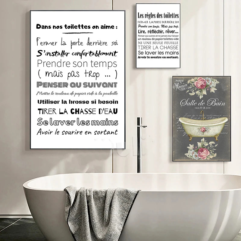 Bathroom Rules French Quotes Funny Toilet Wall Art Canvas Prints Typographic Quotations For Bathroom Toilet Room WC Wall Decor