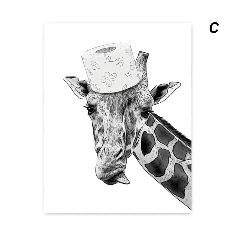 Funny Animals Cat Giraffe Elephant Toilet Paper Bathtub Black White Canvas Print Wall Art For Modern Bathroom Décor