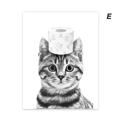 Funny Animals Cat Giraffe Elephant Toilet Paper Bathtub Black White Canvas Print Wall Art For Modern Bathroom Décor