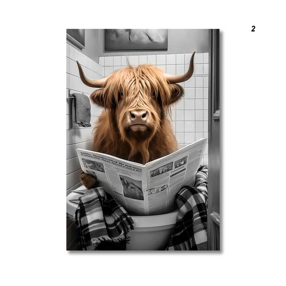 A Highland cow with long, shaggy hair and large horns sits in a bathtub, holding a newspaper. 