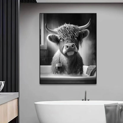 Funny Highland Cow On Toilet Canvas Print Wall Art For Bathroom Office Wall Décor