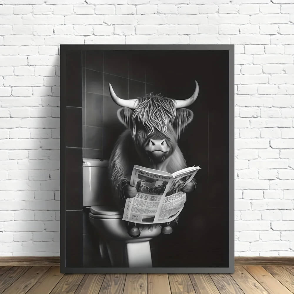 Funny Highland Cow On Toilet Canvas Print Wall Art For Bathroom Office Wall Décor