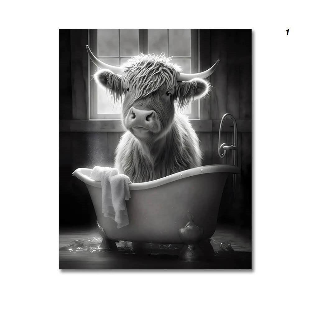 A Highland cow with shaggy fur sits in an old-fashioned bathtub, with a towel draped over the side, in a rustic bathroom.