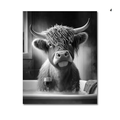 Funny Highland Cow On Toilet Canvas Print Wall Art For Bathroom Office Wall Décor