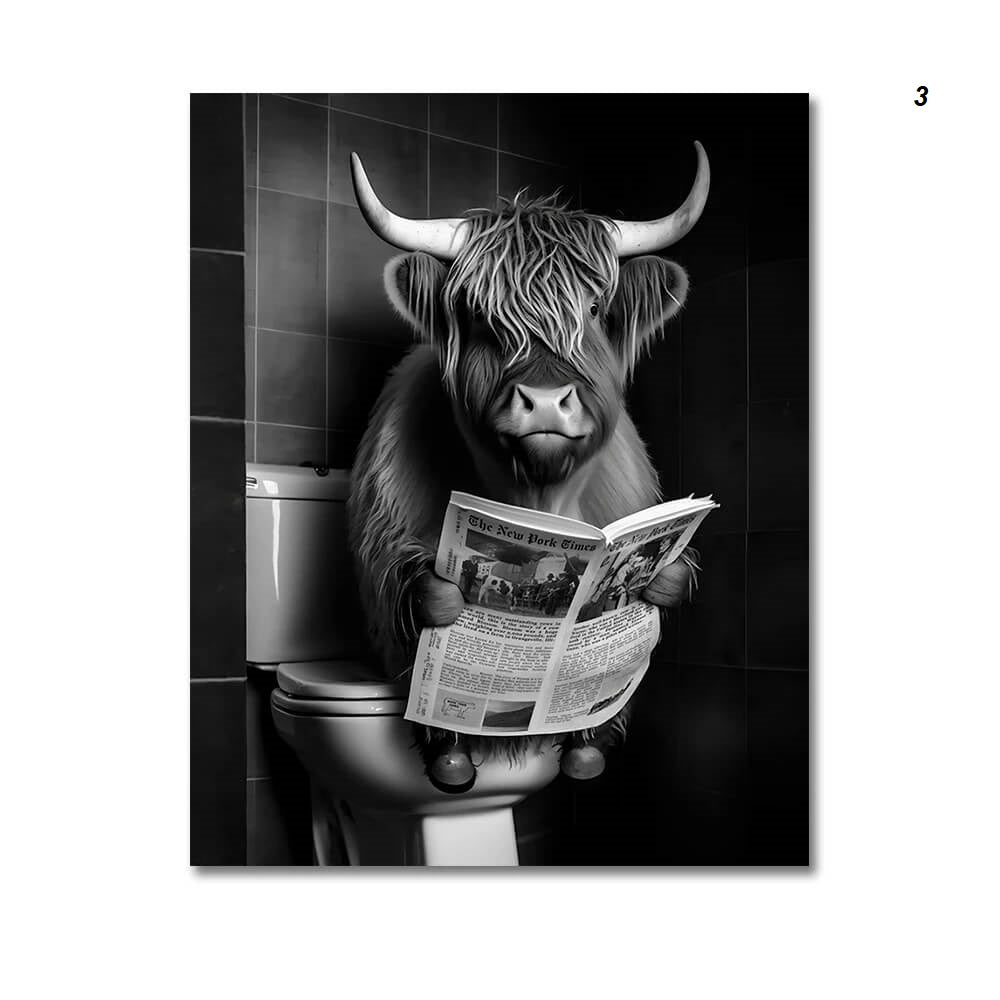 A Highland cow humorously depicted sitting on a toilet, reading a newspaper in a black and white tiled bathroom