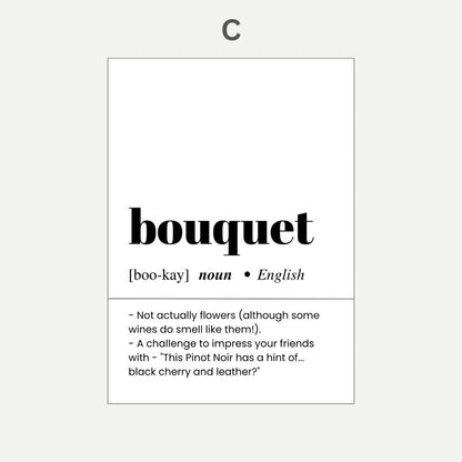 Dictionary definition of 'bouquet' with humorous note on a white background