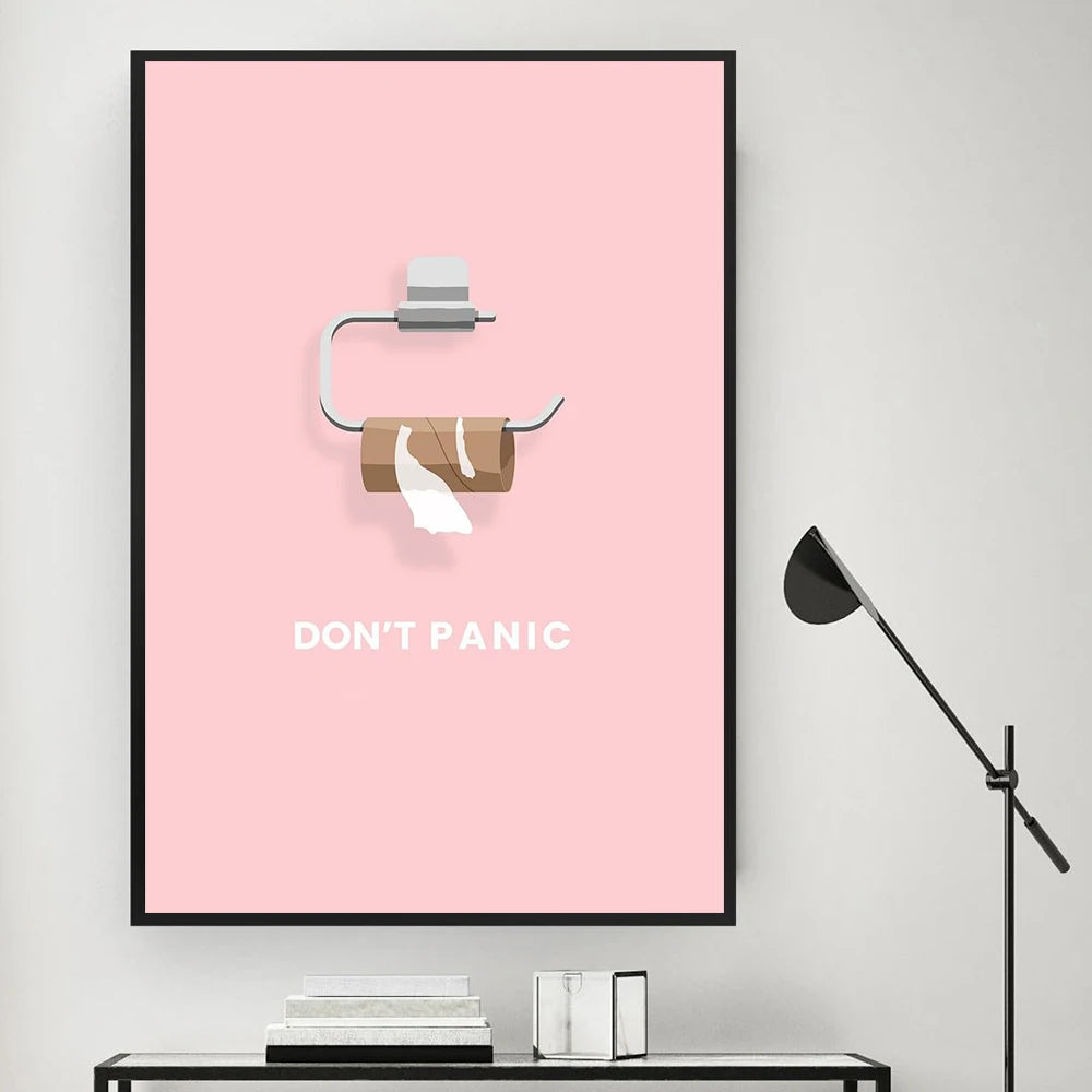 Funny Minimalist Don't Panic Toilet Paper Quotes Pink Canvas Print Wall Art For Bathroom Office Wall Décor