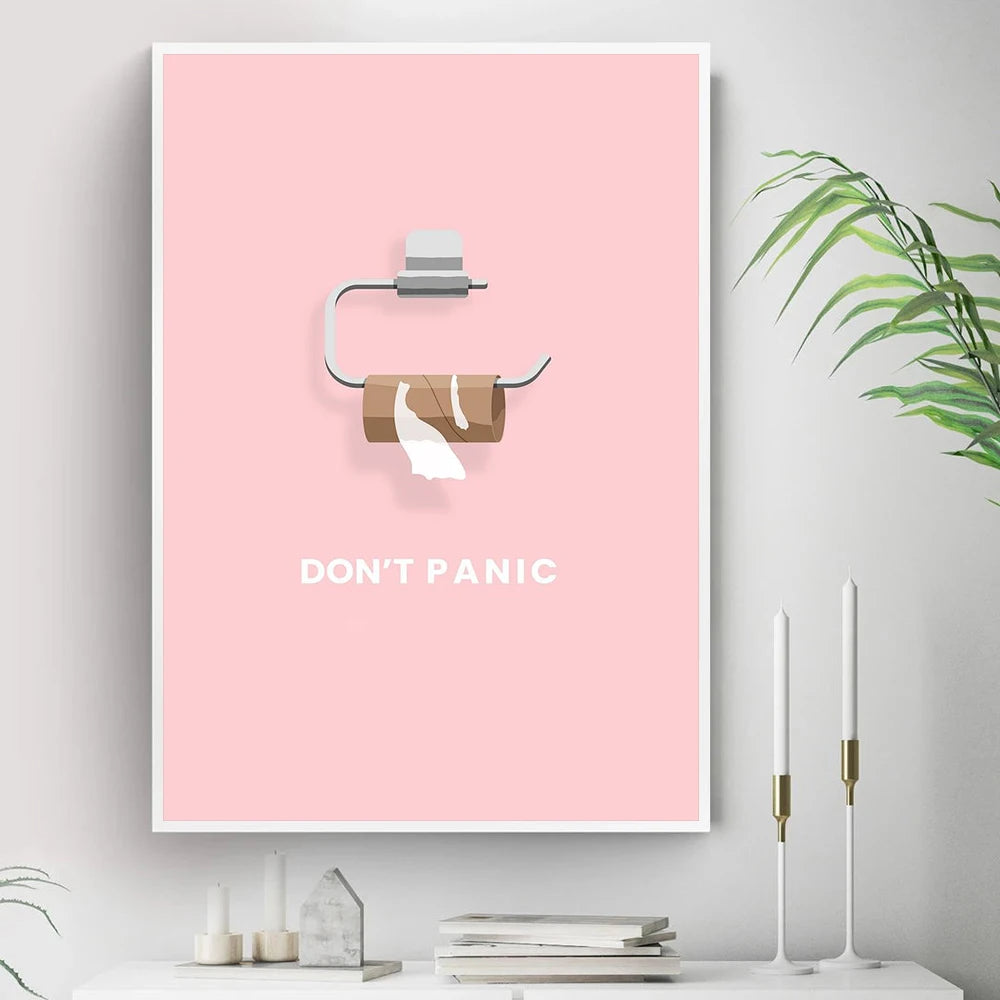 Funny Minimalist Don't Panic Toilet Paper Quotes Pink Canvas Print Wall Art For Bathroom Office Wall Décor