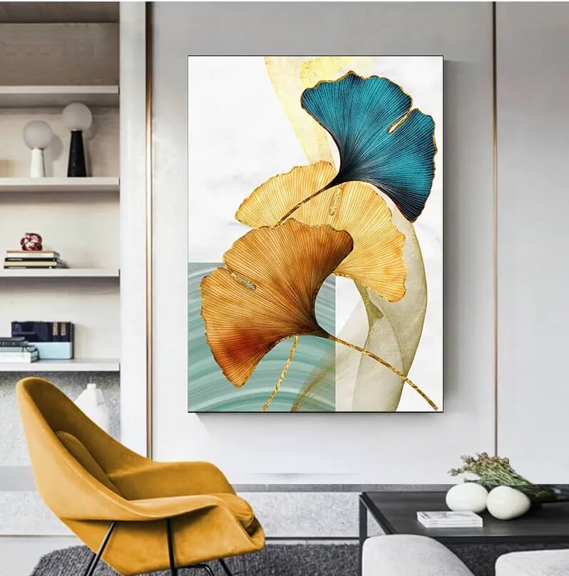 Ginkgo Leaves Modern Canvas Print Blue Green Yellow Gold Plant Leaf Large Wall Art Nordic Fine Art For Contemporary Living Room Bedroom Home Décor