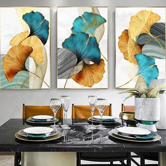 Ginkgo Leaves Modern Canvas Print Blue Green Yellow Gold Plant Leaf Large Wall Art Nordic Fine Art For Contemporary Living Room Bedroom Home Décor