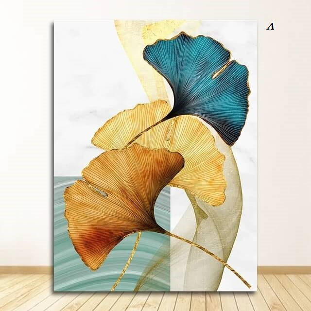 Ginkgo Leaves Modern Canvas Print Blue Green Yellow Gold Plant Leaf Large Wall Art Nordic Fine Art For Contemporary Living Room Bedroom Home Décor