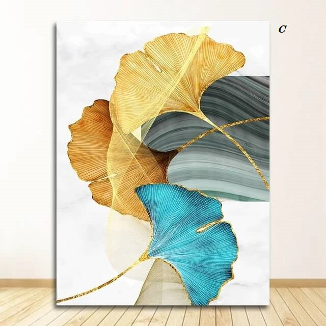 Ginkgo Leaves Modern Canvas Print Blue Green Yellow Gold Plant Leaf Large Wall Art Nordic Fine Art For Contemporary Living Room Bedroom Home Décor