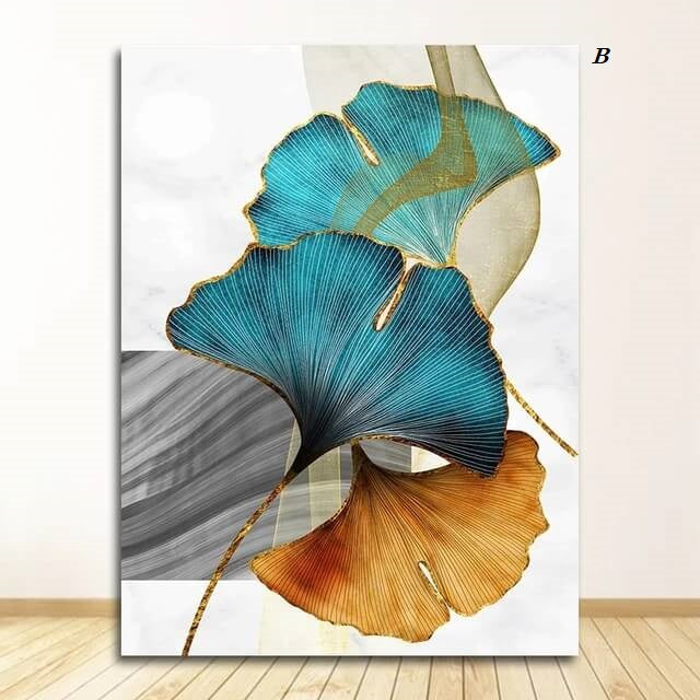 Ginkgo Leaves Modern Canvas Print Blue Green Yellow Gold Plant Leaf Large Wall Art Nordic Fine Art For Contemporary Living Room Bedroom Home Décor