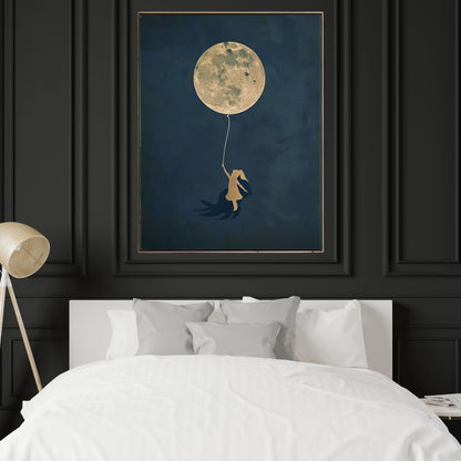 Girl With Moon Balloon Framed Wall Art Canvas Print - Dreamy Night Sky Artwork