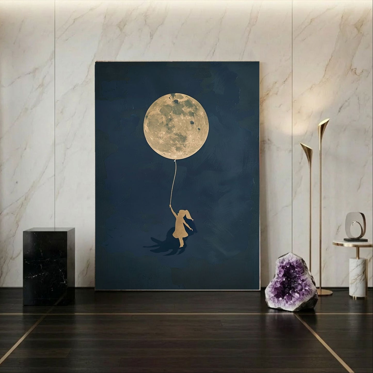 Girl With Moon Balloon Framed Wall Art Canvas Print - Dreamy Night Sky Artwork