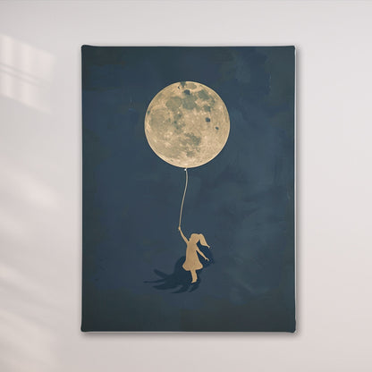 Girl With Moon Balloon Framed Wall Art Canvas Print - Dreamy Night Sky Artwork