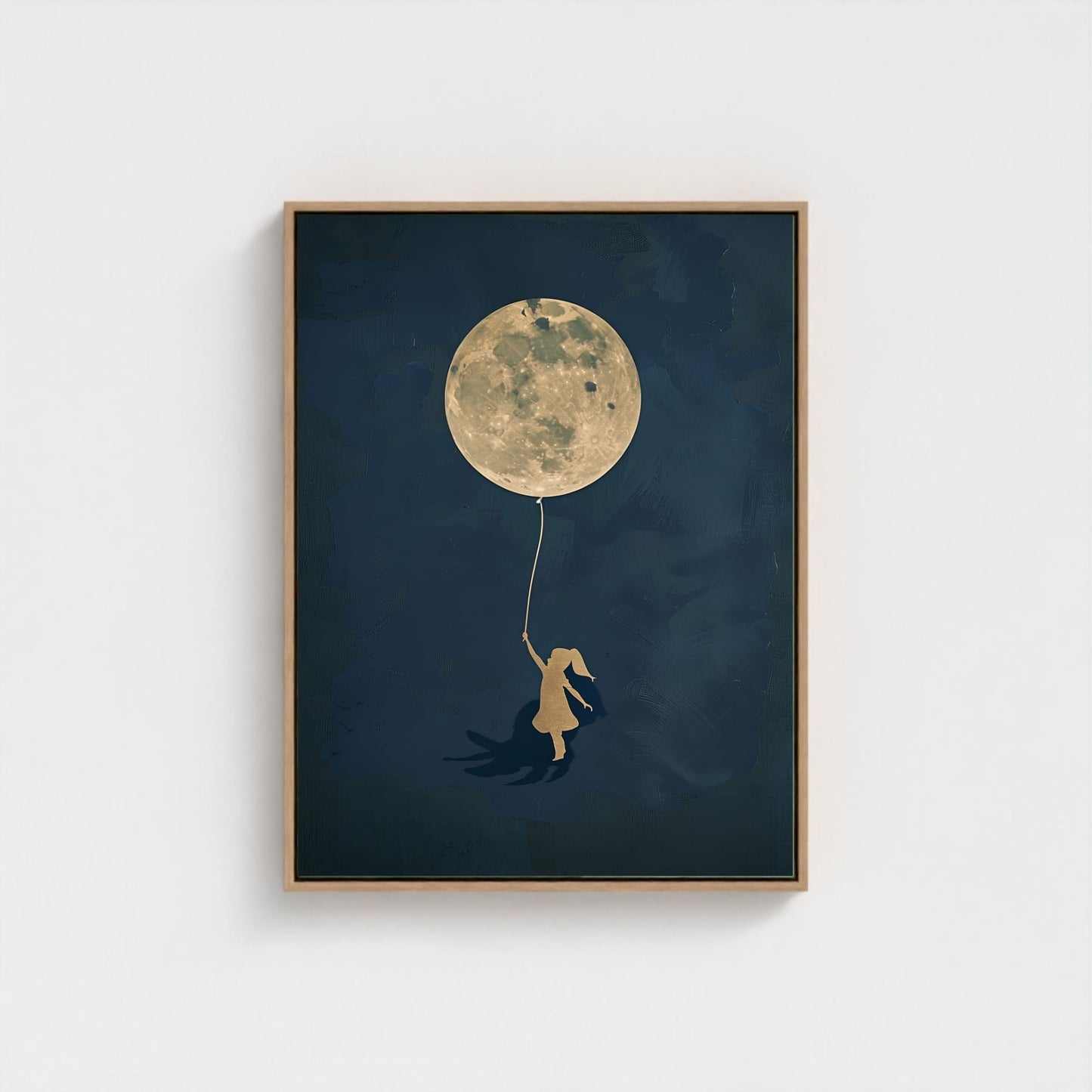 Girl With Moon Balloon Framed Wall Art Canvas Print - Dreamy Night Sky Artwork