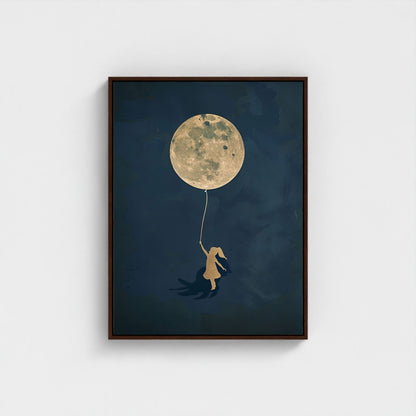 Girl With Moon Balloon Framed Wall Art Canvas Print - Dreamy Night Sky Artwork