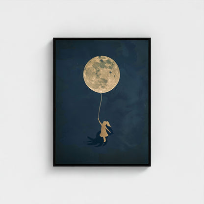 Girl With Moon Balloon Framed Wall Art Canvas Print - Dreamy Night Sky Artwork