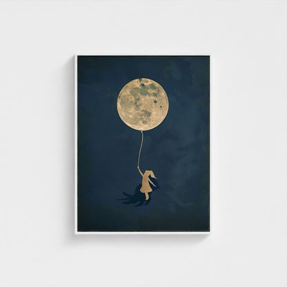 Girl With Moon Balloon Framed Wall Art Canvas Print - Dreamy Night Sky Artwork