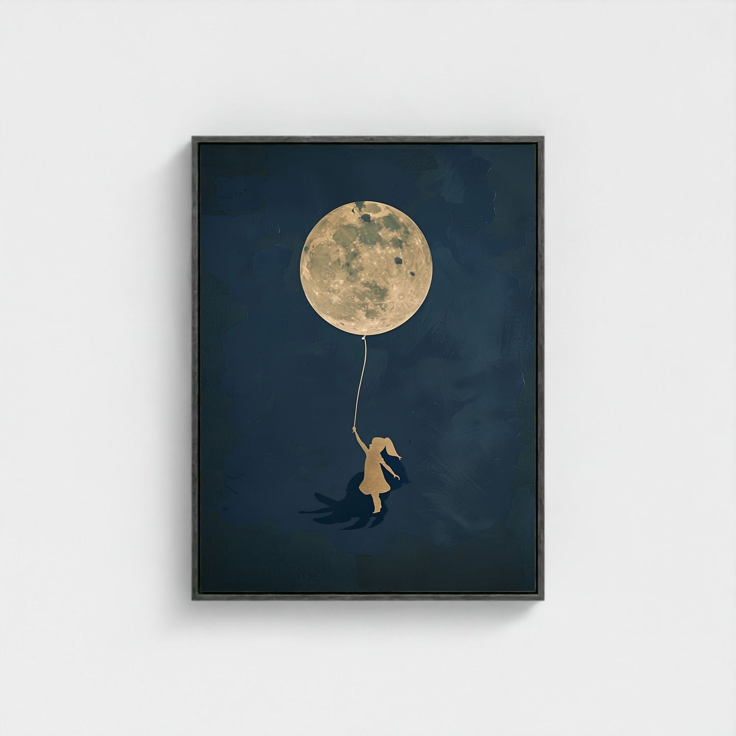 Girl With Moon Balloon Framed Wall Art Canvas Print - Dreamy Night Sky Artwork