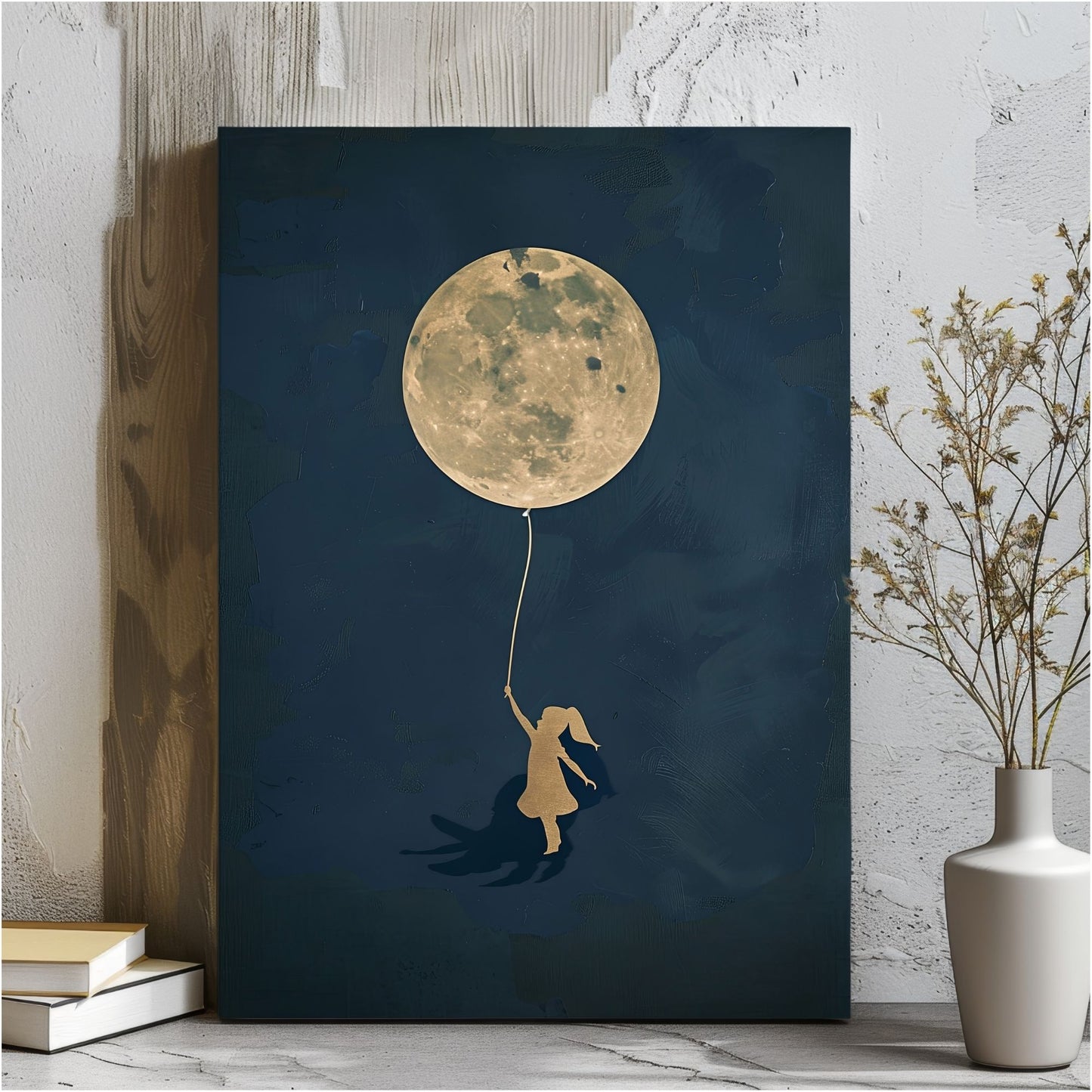 Girl With Moon Balloon Framed Wall Art Canvas Print - Dreamy Night Sky Artwork