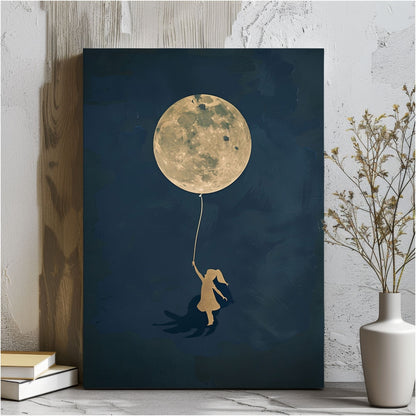 Girl With Moon Balloon Framed Wall Art Canvas Print - Dreamy Night Sky Artwork
