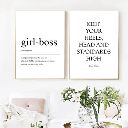 Girl Boss Definition Coco Chanel Quotes Wall Art Modern Minimalist Motivational Black White Canvas Prints For Living Room Office Bedroom Décor