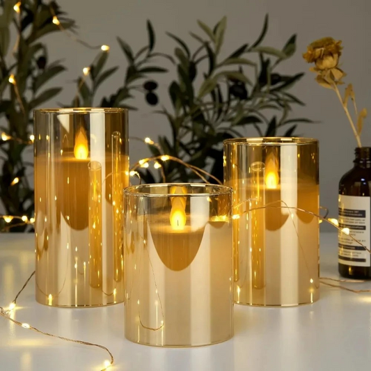 Gold Glass LED Candle Set of 3 – Flameless Remote-Controlled Candles