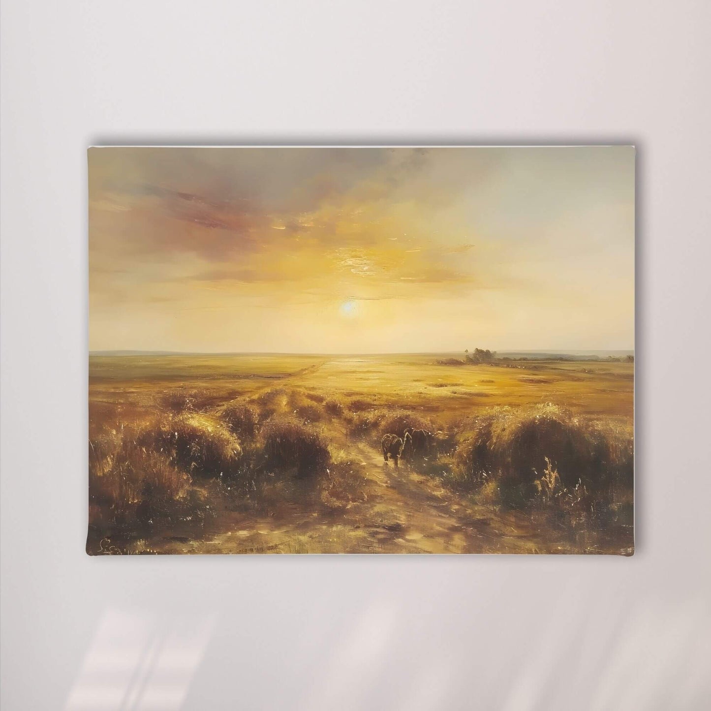 Golden Sunset Abstract Landscape Framed Wall Art Canvas Print – Warm Horizon Art for Modern Living Room