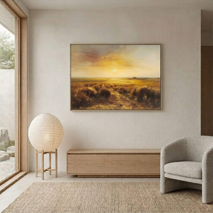 Golden Sunset Abstract Landscape Framed Wall Art Canvas Print – Warm Horizon Art for Modern Living Room