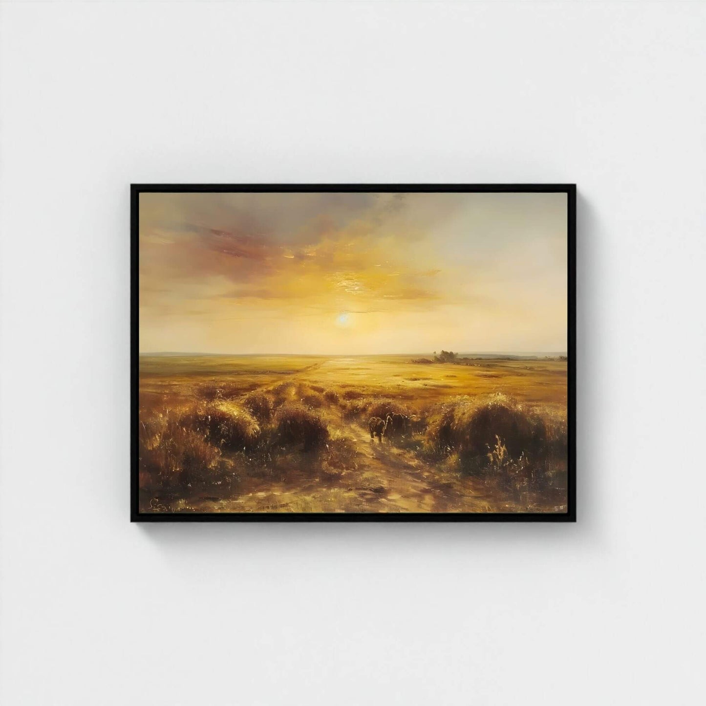 Golden Sunset Abstract Landscape Framed Wall Art Canvas Print – Warm Horizon Art for Modern Living Room