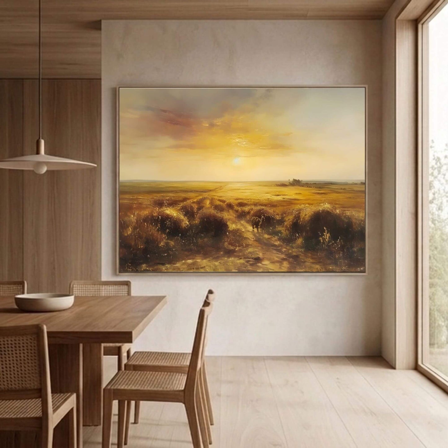 Golden Sunset Abstract Landscape Framed Wall Art Canvas Print – Warm Horizon Art for Modern Living Room