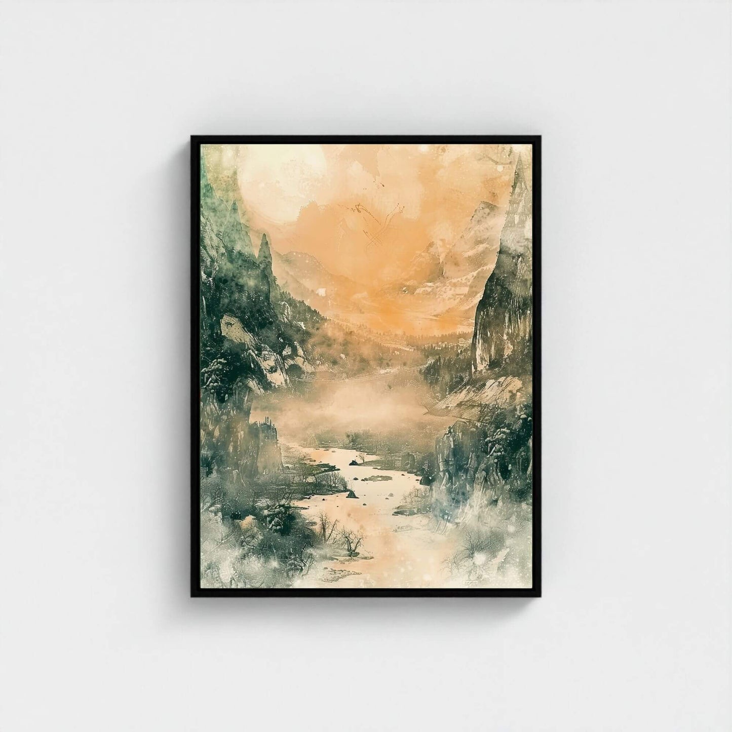 Golden Valley Landscape Framed Wall Art Canvas Print - Atmospheric Nature Art