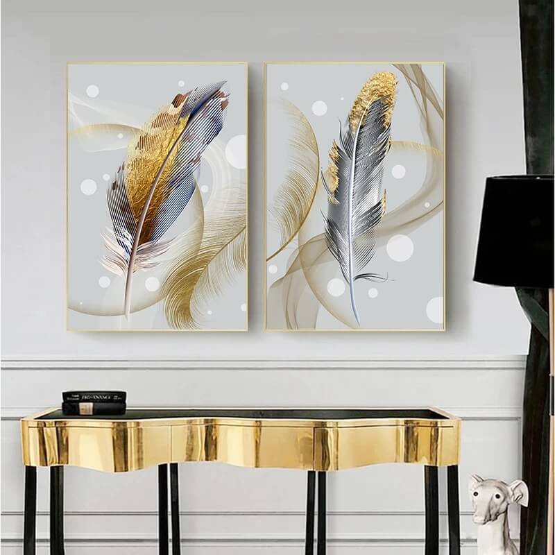 Golden Feather Flowing Wall Art Canvas Print Abstract Nordic Poster For Modern Living Room Bedroom Home Décor