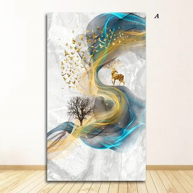 Golden Stag Modern Canvas Print Abstract Minimalist Wall Art Golden Deer Poster Large Blue Wall Art For Contemporary Living Room Bedroom Home Décor
