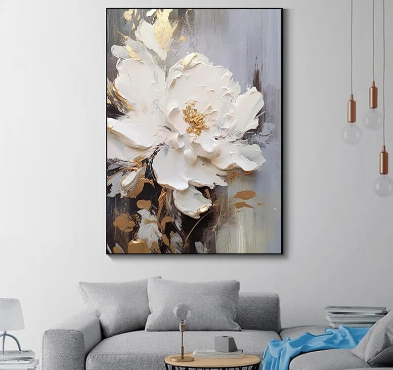 Golden White Flower Canvas Print Nordic Wall Art Floral Peonies Pictures For Modern Living Room Bedroom Home Décor