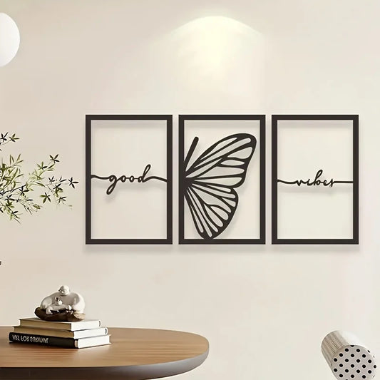 Good Vibes Butterfly Wings Black Metal Wall Art 3D Sculpted Iron Plaque Wall Decoration Modern Art For Living Room Dining Room - Set of 3Pcs
